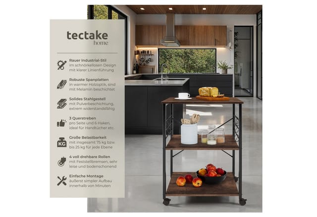 Tectake Servierwagen Rugby Industrial Style Holz und Stahl 65 50 x 45 50 x 88 50 cm Industrial Holz Dunkel Rustikal