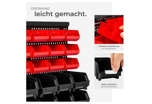 Tectake 2Er Set Wandregal Stapelboxen 62 Teilig 24 Große und 36 Mittlere Stapelbare Boxen 2Er Set 64 x 17 50 x 38 cm Schwarz