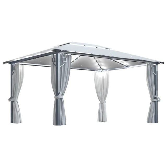 vidaXL Pavillon mit Vorhängen & LED-Lichterkette 400x300 cm Creme Alu 3070335