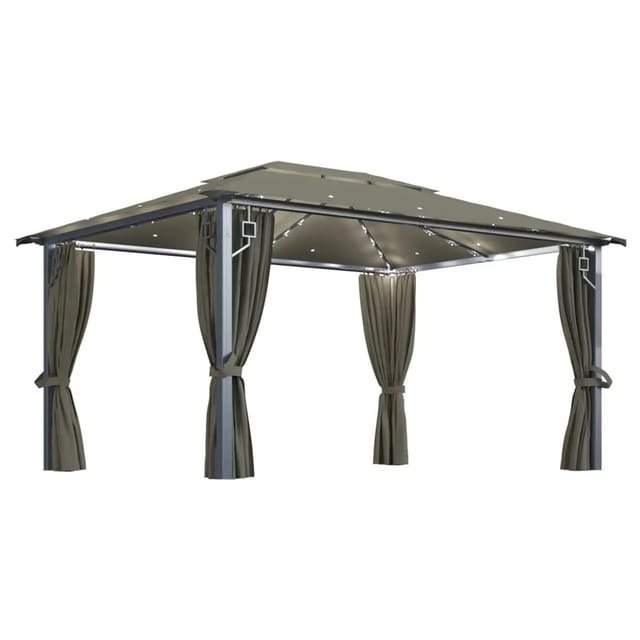 vidaXL Pavillon mit Vorhängen & LED-Lichterkette 400x300 cm Taupe Alu 3070337