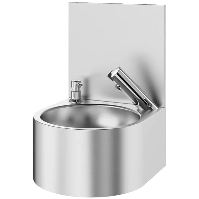 Delabie Wand-Handwaschbecken komplett, Edelstahl 1.4301, elektronisches Ventil, Rückwand