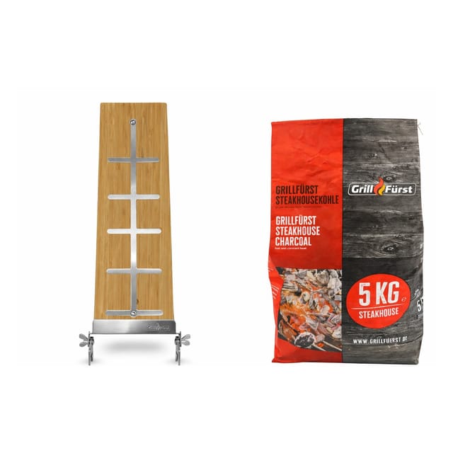 Grillfürst Flammlachs Starter Set Flammlachsbrett und Steakhouse Grillkohle 5Kg