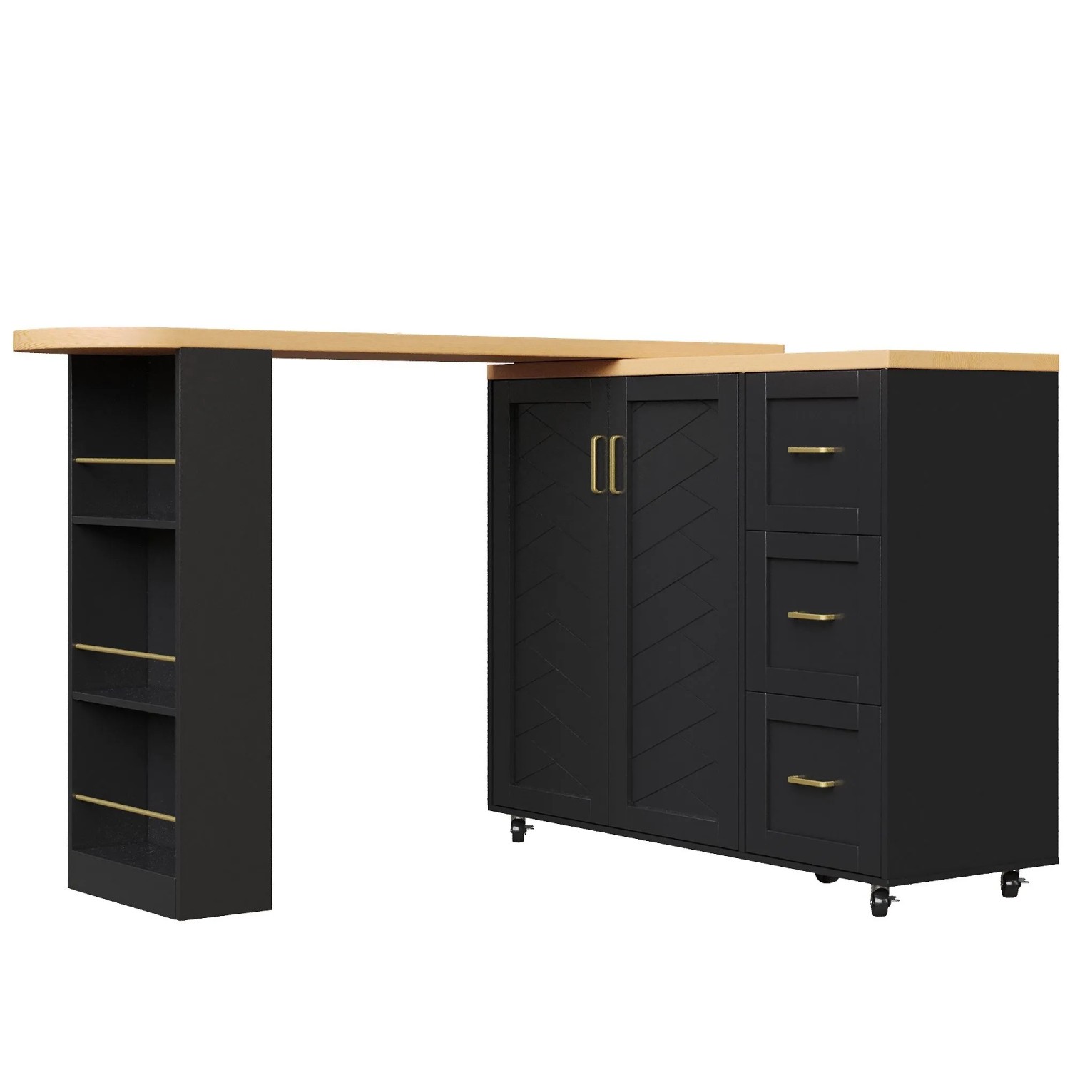 okwish Barwagen mit Verlängerbarer Platte Türen Schubladen Küche 228 x 39 x 104 cm Schwarz