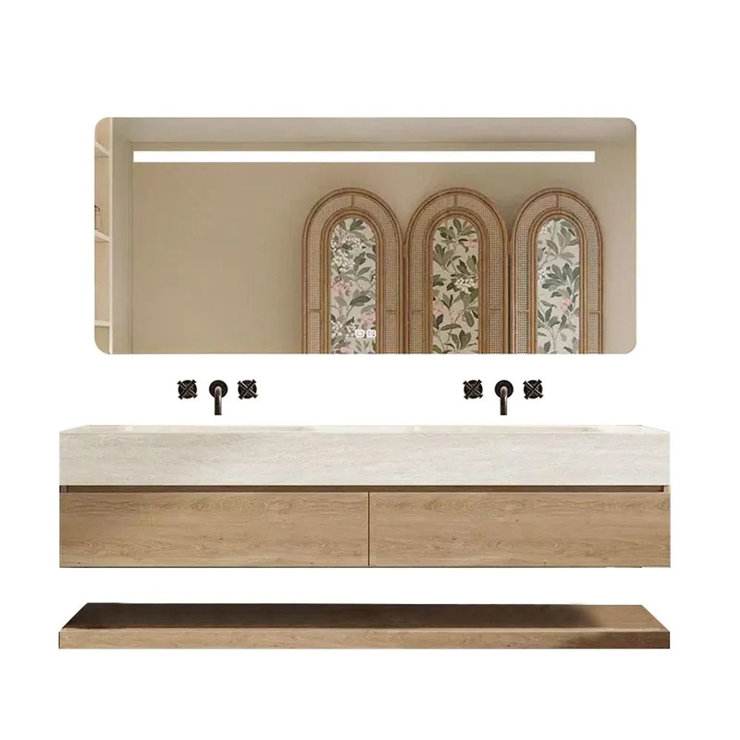 360Home Wandhängendes Doppelwaschbecken Set Travertine Look Mit Spiegel Sinterstein Ohne Armaturenloch 150 CM RW4822150BKK