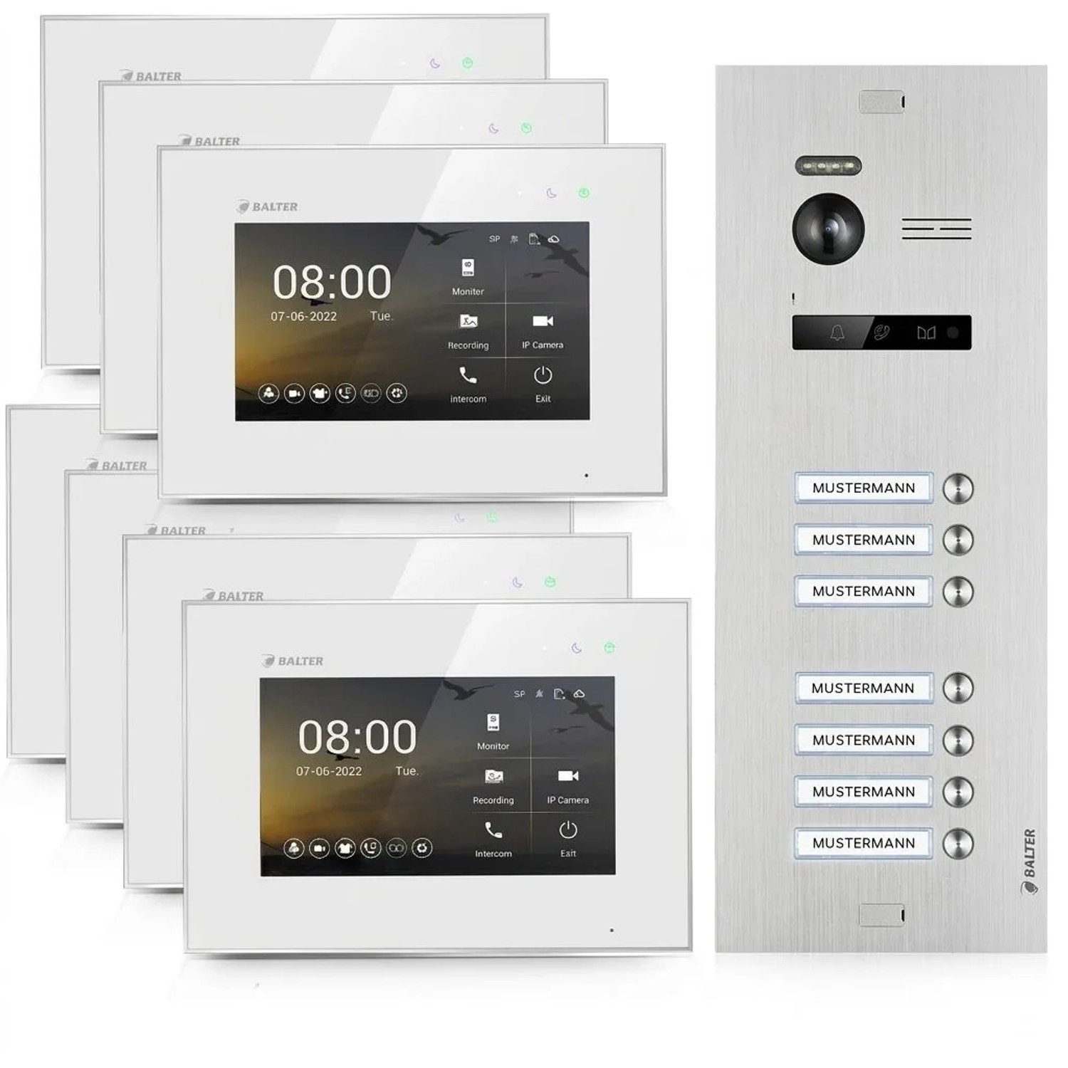 Balter EVO-HD Video-Türsprechanlage für 7 Familienhaus 7x 7 Zoll Monitor Silber-Weiß