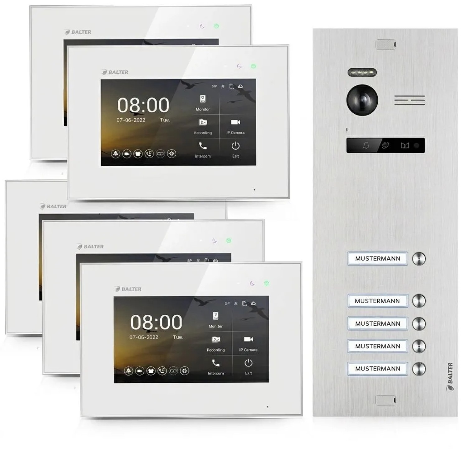 Balter EVO-HD Video-Türsprechanlage für 5 Familienhaus 5x 7 Zoll Monitor Silber-Weiß
