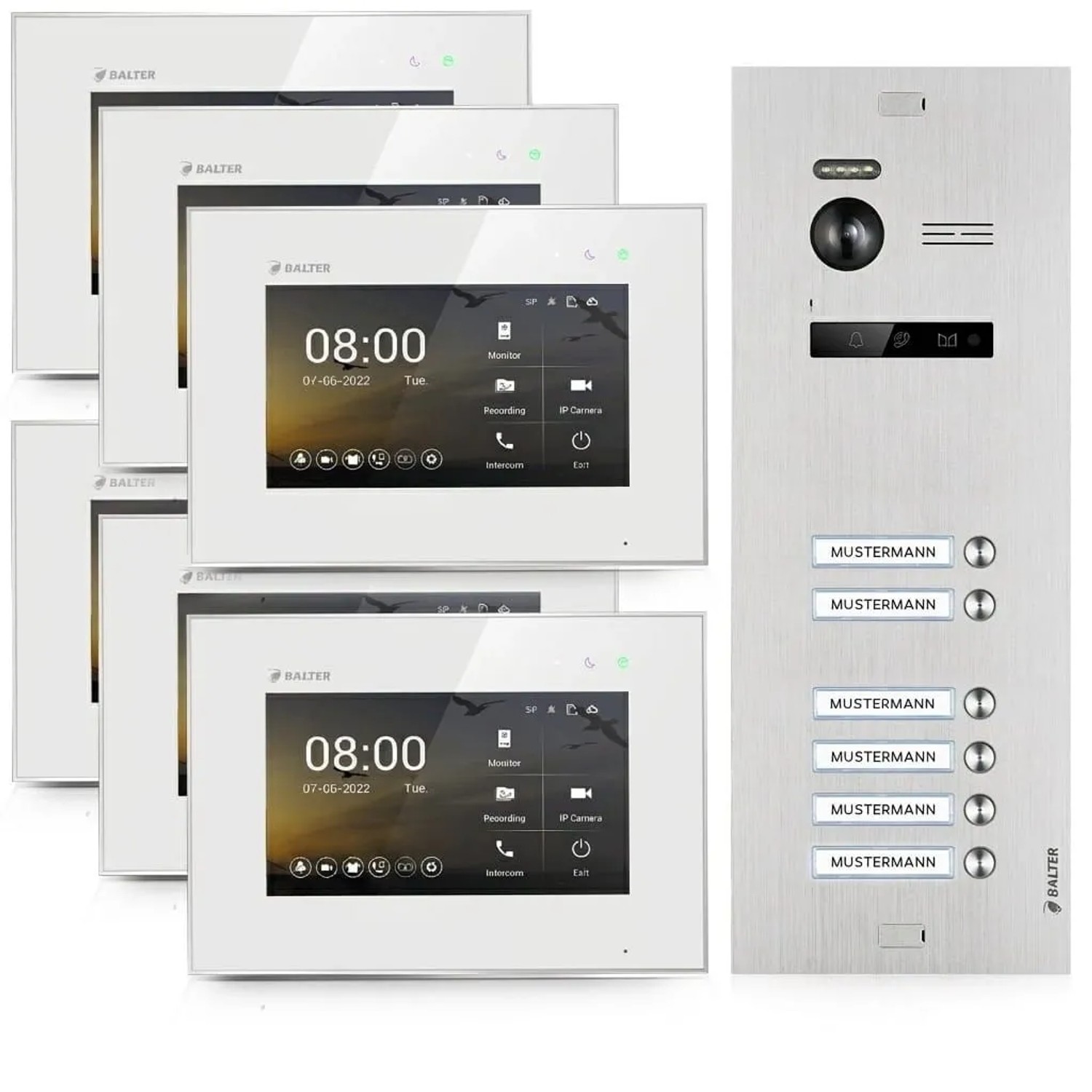 Balter EVO-HD Video-Türsprechanlage für 6 Familienhaus 6x 7 Zoll Monitor Silber-Weiß