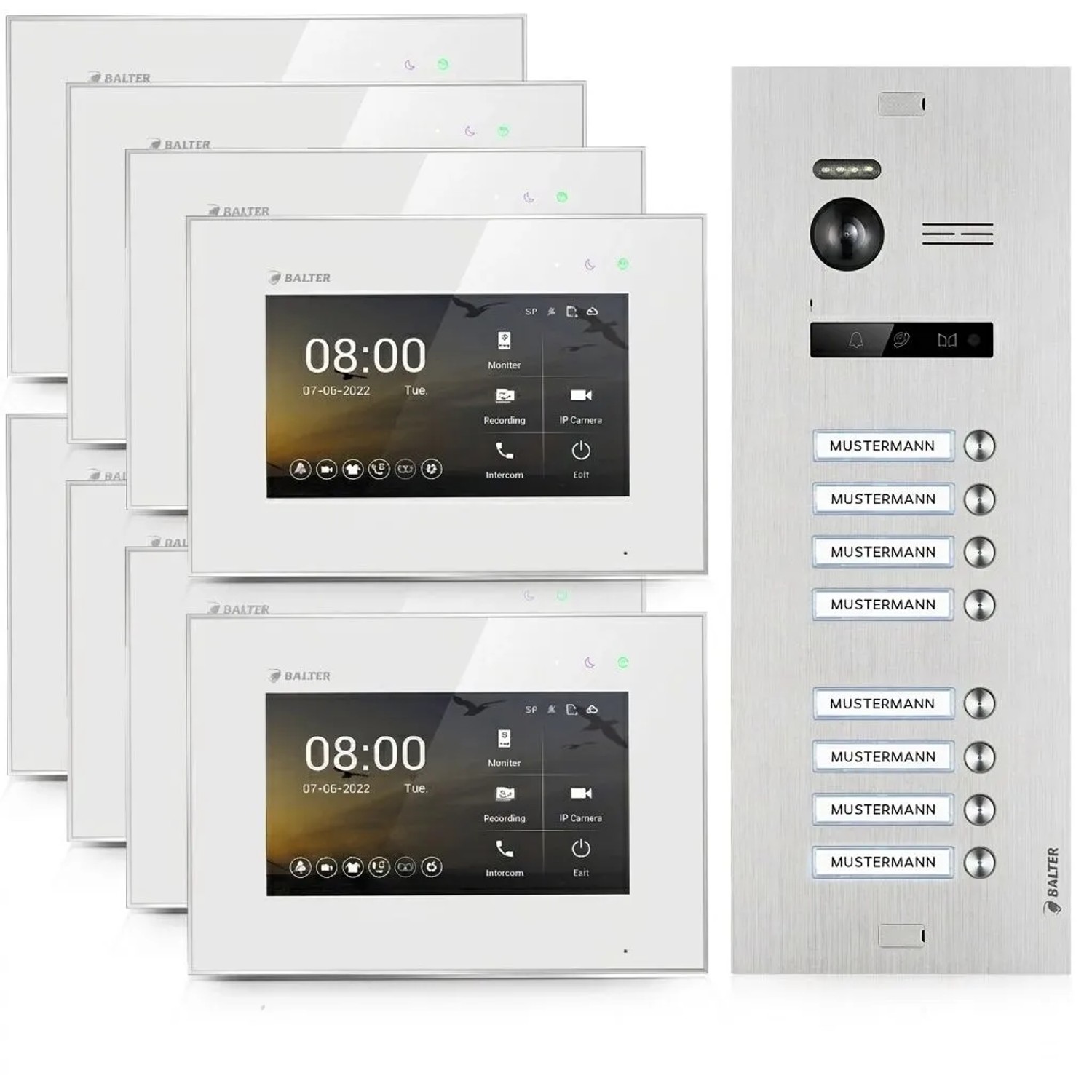 Balter EVO-HD Video-Türsprechanlage für 8 Familienhaus 8x 7 Zoll Monitor Silber-Weiß