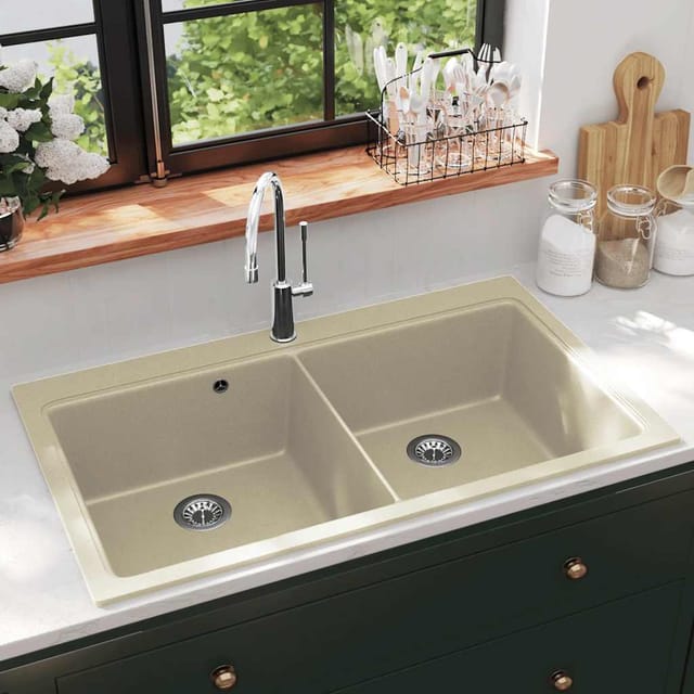 vidaXL Granitspüle Doppelbecken Beige 144851