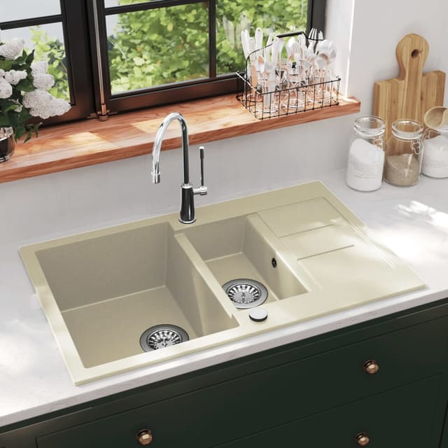 vidaXL Granitspüle Doppelbecken Beige 144858