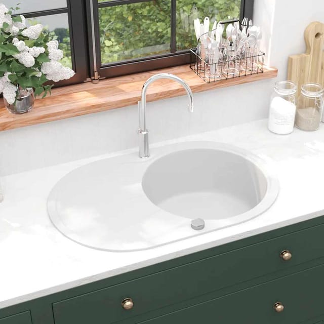 vidaXL Granitspüle Einzelbecken Oval Weiß 144867