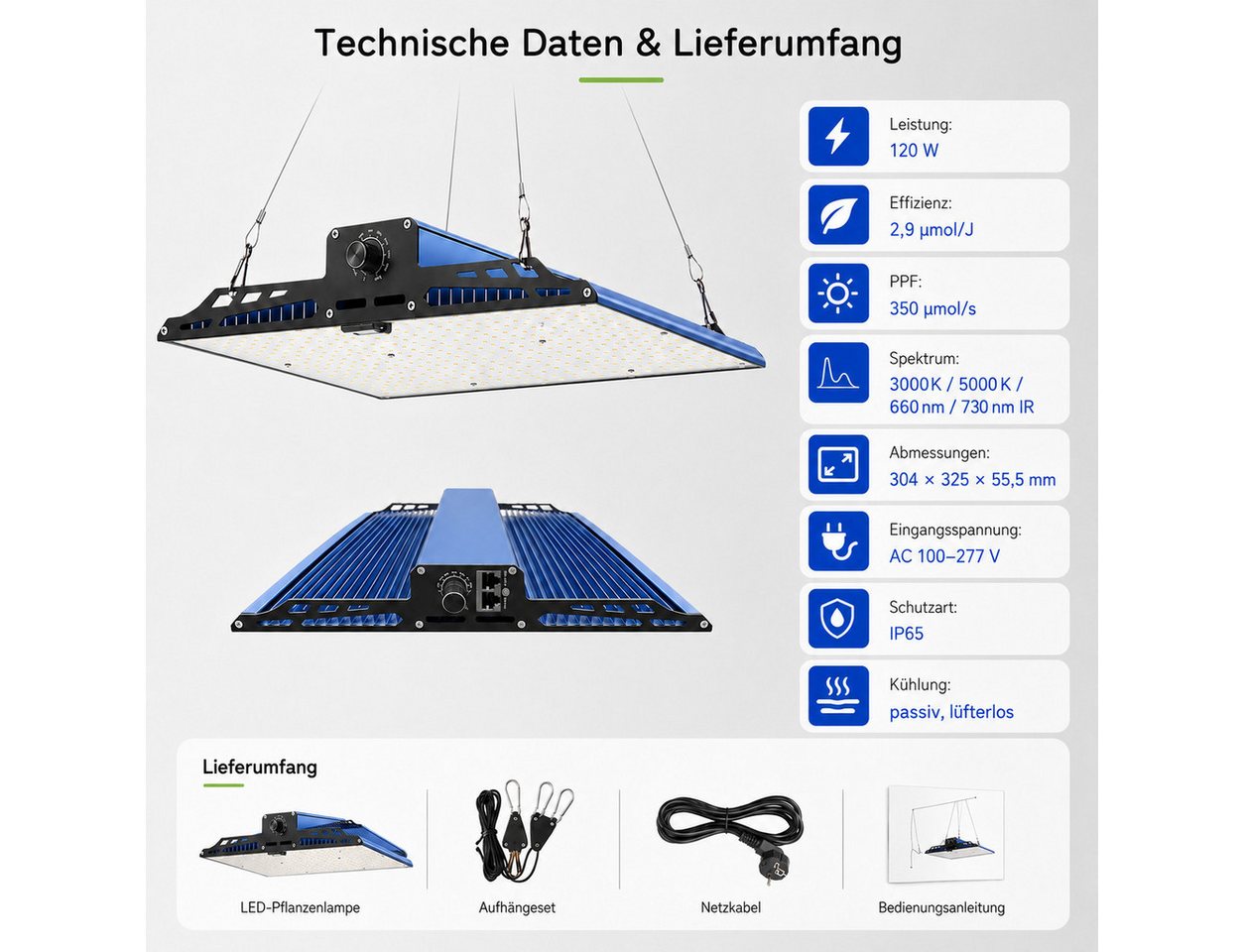 Tekoo Pflanzenlampe LED Pflanzenlampe 120W Vollspektrum Dimmbar, Samsung Chips, Lautlos, LED, Fest integriert, Vollspektrum, Neutralweiß, Tageslichtweiß, Vollspektrum für alle Wachstumsphasen, IP65 Wassergeschützt