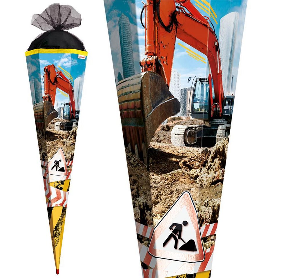 Roth Schultüte Achtung Bagger, mit Glanzfolie 85 cm, eckig, Tüllverschluss, Roth-Spitze