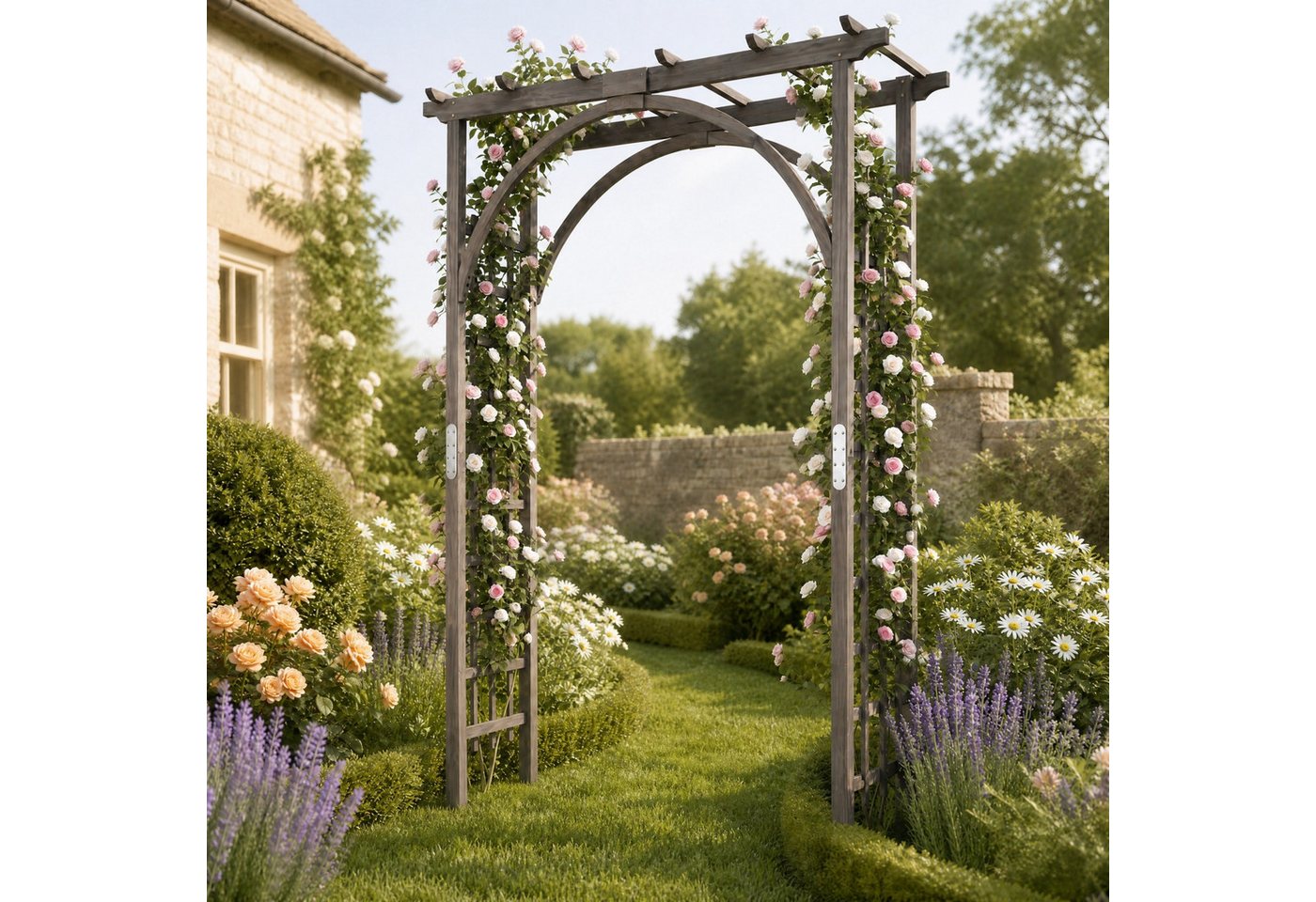 KOMFOTTEU Rosenbogen Gartenbogen Rankhilfe Rankgitter, mit Dach & seitlichen Rankgittern