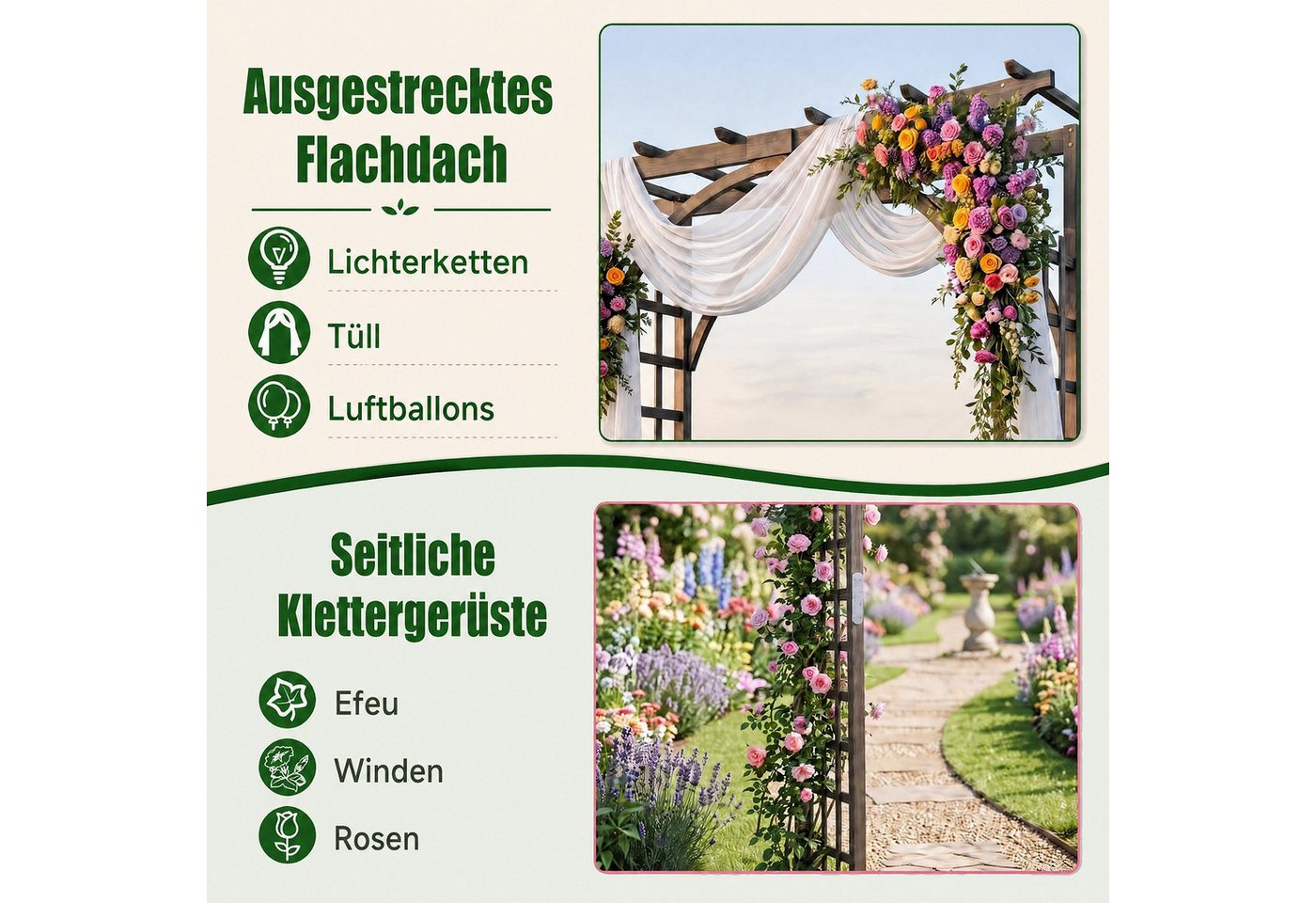 KOMFOTTEU Rosenbogen Gartenbogen Rankhilfe Rankgitter, mit Dach & seitlichen Rankgittern Bild 5