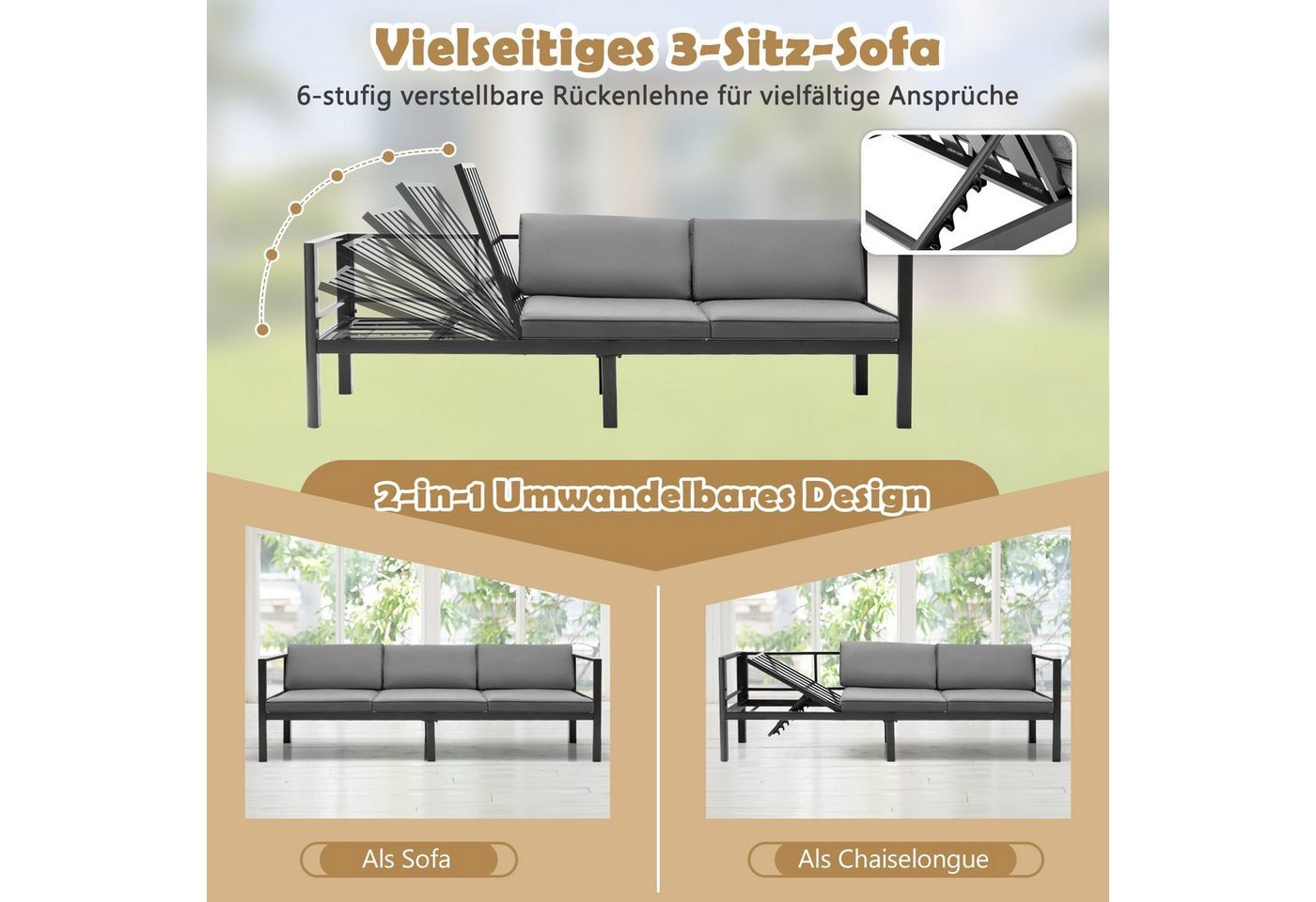 COSTWAY Gartenlounge-Set, Aluminium wetterfest, 6-fach Verstellbar, für Terrasse, Garten Bild 2