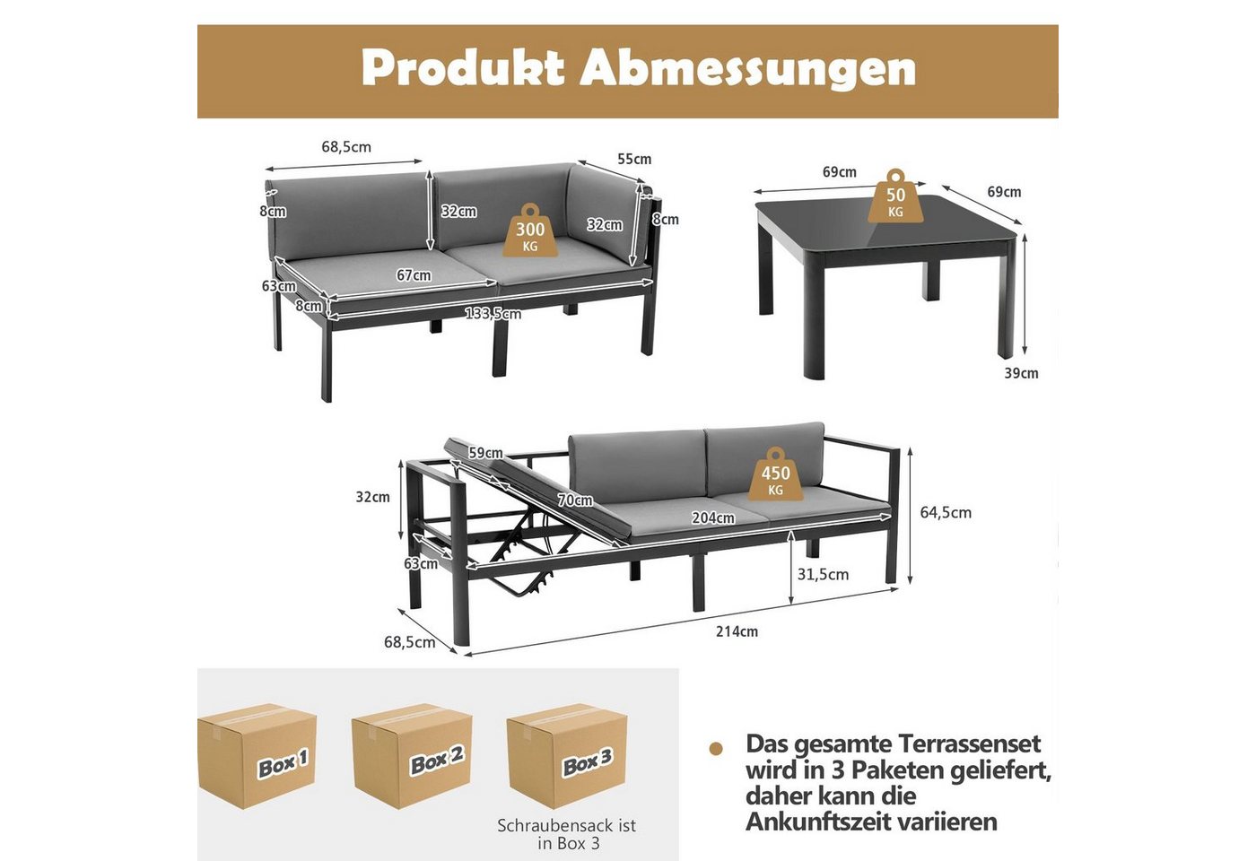COSTWAY Gartenlounge-Set, Aluminium wetterfest, 6-fach Verstellbar, für Terrasse, Garten Bild 3