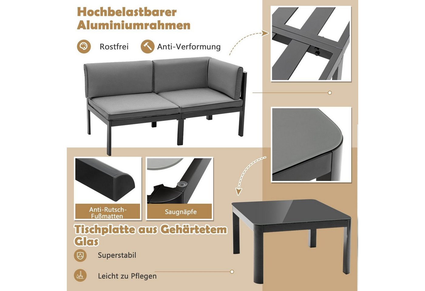 COSTWAY Gartenlounge-Set, Aluminium wetterfest, 6-fach Verstellbar, für Terrasse, Garten Bild 4