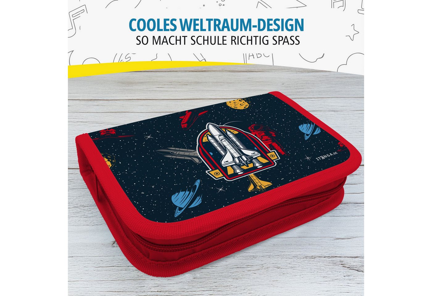 itenga Federmäppchen itenga Schüler-Etui Mäppchen Weltraum 28 teilig (gefüllt) 1-Zipper