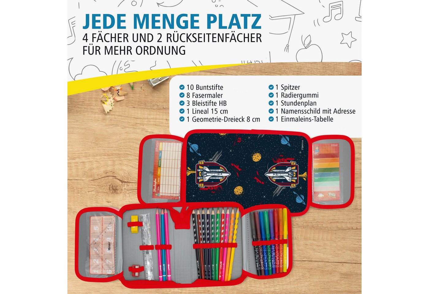 itenga Federmäppchen itenga Schüler-Etui Mäppchen Weltraum 28 teilig (gefüllt) 1-Zipper Bild 2