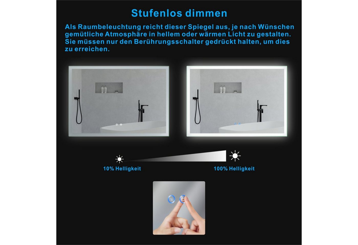 AQUABATOS Badspiegel Badspiegel mit Beleuchtung Badezimmerspiegel LED Licht (Wandspiegel Lichtspiegel), Dimmbar, Kaltweiß 6400K, Touch Schalter, Spiegelheizung