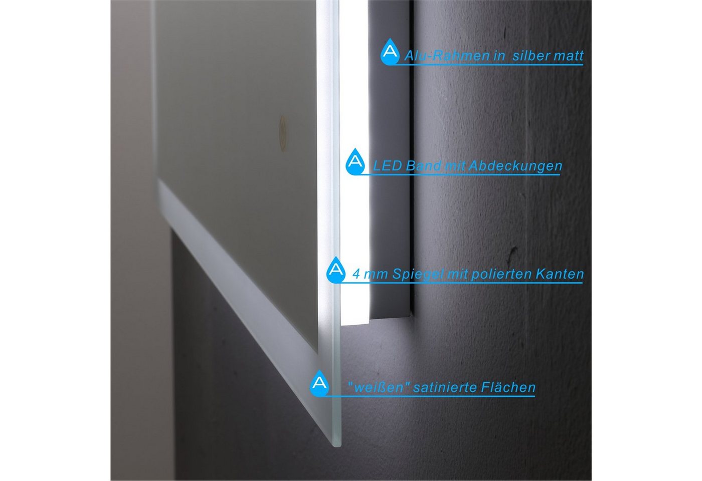AQUABATOS Badspiegel Badspiegel mit Beleuchtung Badezimmerspiegel LED Licht (Wandspiegel Lichtspiegel), Dimmbar, Kaltweiß 6400K, Touch Schalter, Spiegelheizung Bild 2