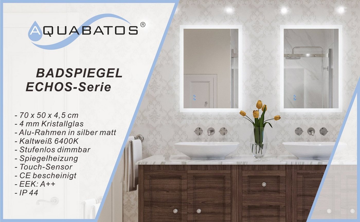 AQUABATOS Badspiegel Badspiegel mit Beleuchtung Badezimmerspiegel LED Licht (Wandspiegel Lichtspiegel), Dimmbar, Kaltweiß 6400K, Touch Schalter, Spiegelheizung Bild 3