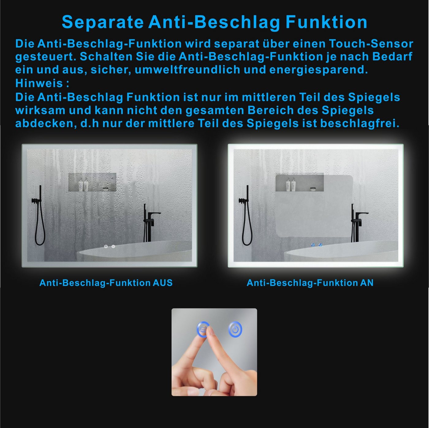 AQUABATOS Badspiegel Badspiegel mit Beleuchtung Badezimmerspiegel LED Licht (Wandspiegel Lichtspiegel), Dimmbar, Kaltweiß 6400K, Touch Schalter, Spiegelheizung Bild 5