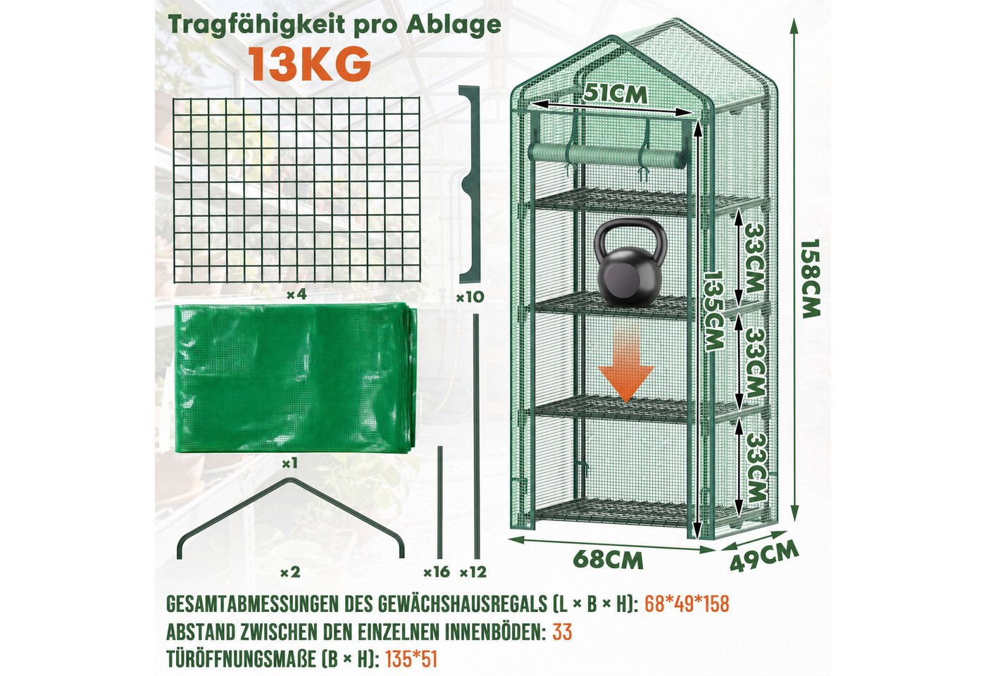 Huracan Gewächshaus Balkon Garten, 4-Etagen Foliengewächshaus 68×49×158 cm, Winterfestes Tomatengewächshaus Stabil 1-St., Platzsparendes Überwinterungszelt mit Reißverschlusstür, Wind- & Wetterfest, Grün