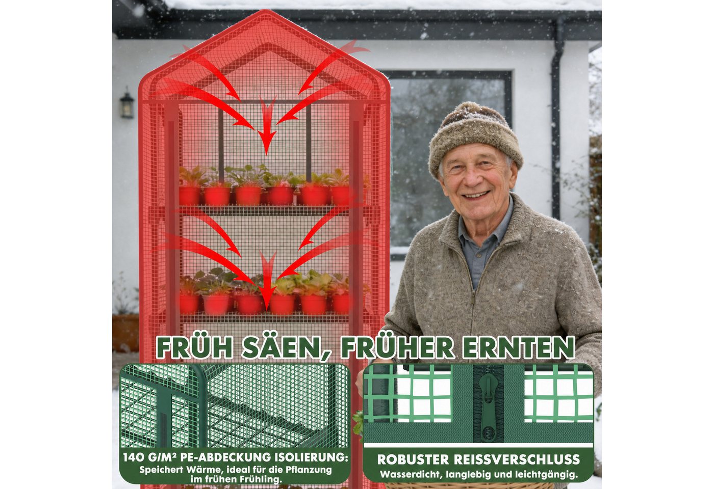 Huracan Gewächshaus Balkon Garten, 4-Etagen Foliengewächshaus 68×49×158 cm, Winterfestes Tomatengewächshaus Stabil 1-St., Platzsparendes Überwinterungszelt mit Reißverschlusstür, Wind- & Wetterfest, Grün Bild 2