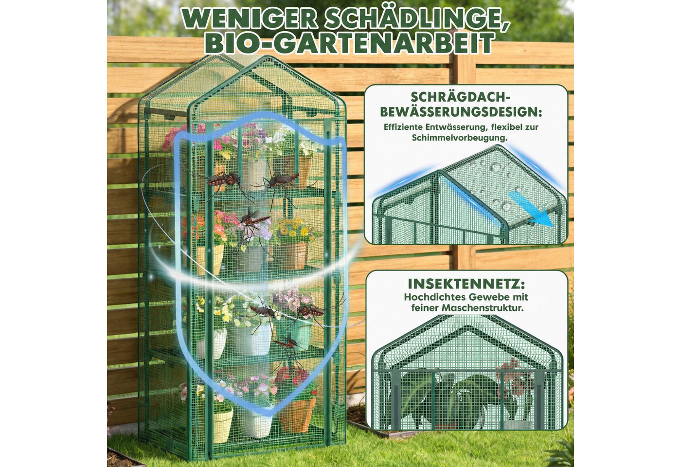Huracan Gewächshaus Balkon Garten, 4-Etagen Foliengewächshaus 68×49×158 cm, Winterfestes Tomatengewächshaus Stabil 1-St., Platzsparendes Überwinterungszelt mit Reißverschlusstür, Wind- & Wetterfest, Grün Bild 3