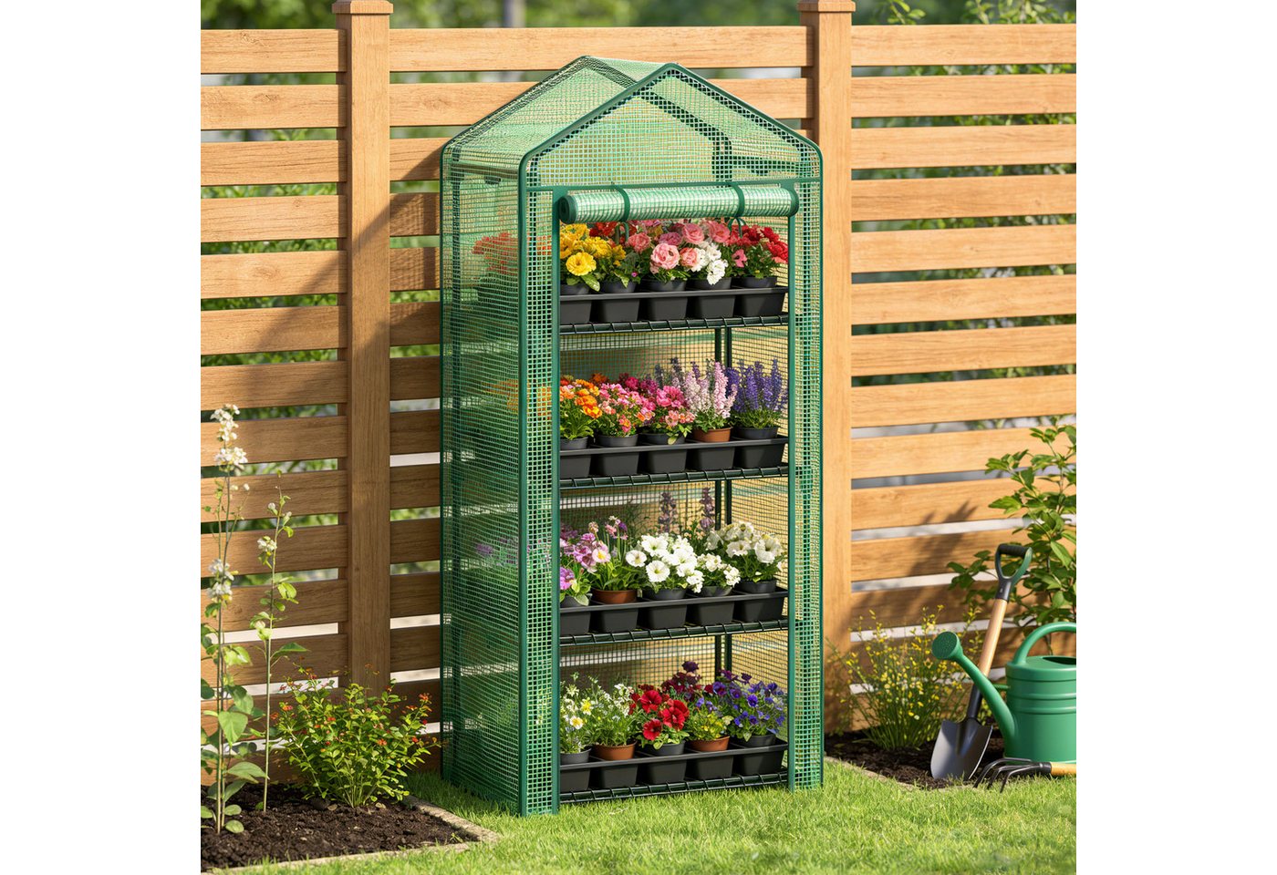 Huracan Gewächshaus Balkon Garten, 4-Etagen Foliengewächshaus 68×49×158 cm, Winterfestes Tomatengewächshaus Stabil 1-St., Platzsparendes Überwinterungszelt mit Reißverschlusstür, Wind- & Wetterfest, Grün Bild 4