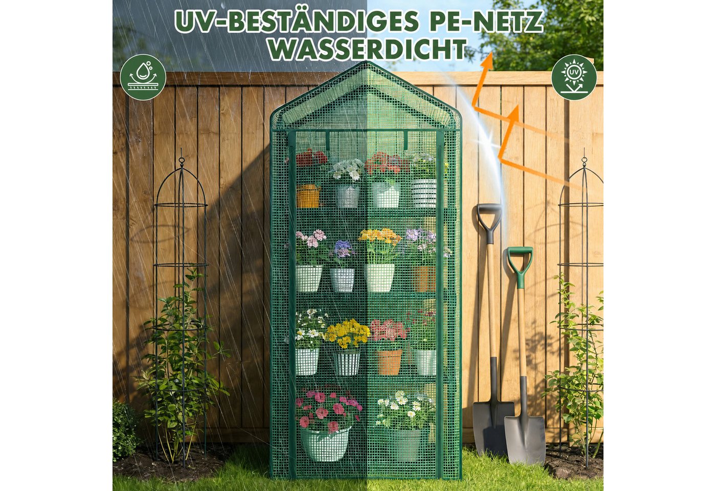 Huracan Gewächshaus Balkon Garten, 4-Etagen Foliengewächshaus 68×49×158 cm, Winterfestes Tomatengewächshaus Stabil 1-St., Platzsparendes Überwinterungszelt mit Reißverschlusstür, Wind- & Wetterfest, Grün Bild 5