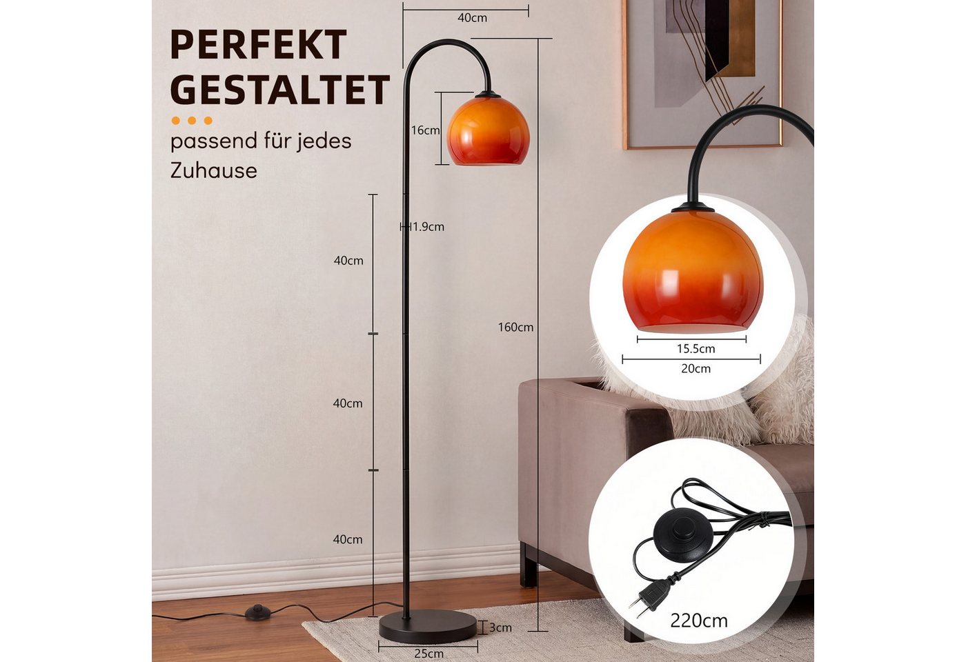 Nettlife Stehlampe bogen wohnzimmer Glas Kugel E27 160CM Höhe drehbarer Fußschalter, ohne Leuchtmittel, für Wohnzimmer Schlafzimmer Arbeitszimmer Eisen Glas 220-240V max. 40W Bild 3
