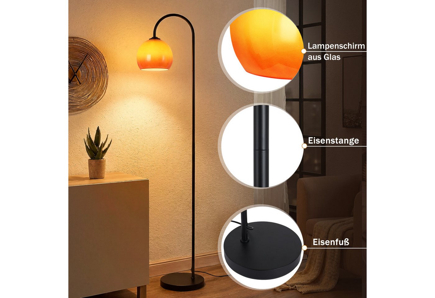 Nettlife Stehlampe bogen wohnzimmer Glas Kugel E27 160CM Höhe drehbarer Fußschalter, ohne Leuchtmittel, für Wohnzimmer Schlafzimmer Arbeitszimmer Eisen Glas 220-240V max. 40W Bild 5