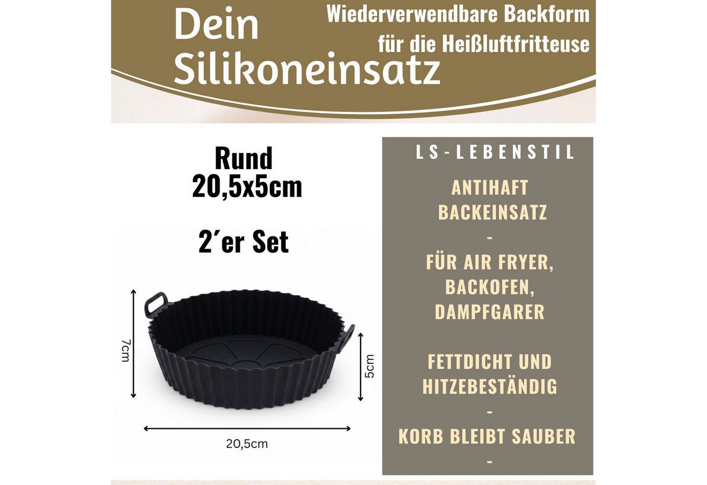 LS-LebenStil Backform Silikonform Rund 20cm Set Einsatz für Airfryer Heißluftfritteuse, (Heißluftfritteuse Antihaft Zubehör Backen Frittieren ohne Ankleben 2-tlg), passend für Philips, Ninja, Cosori Bild 2