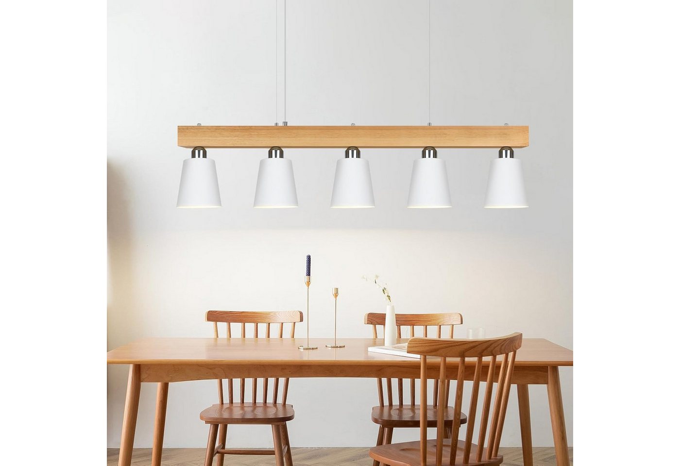 ZMH Pendelleuchte Esstisch Holz, 3/5-flammige Hängeleuchte E27, höhenverstellbar, LED wechselbar, Warmweiß, Abhängung bis 150 cm