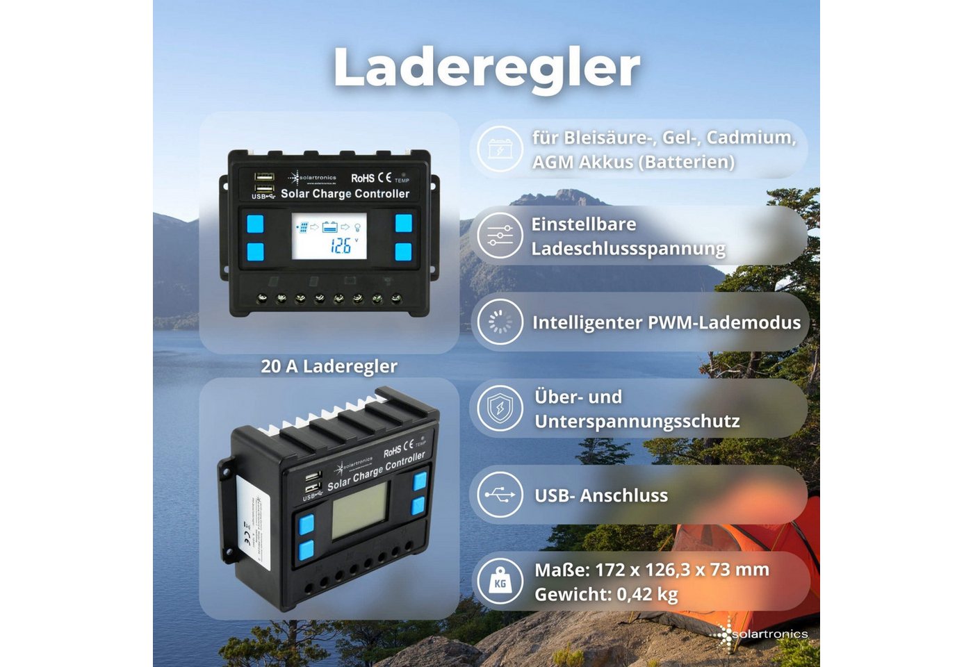solartronics Solarmodul Set: 2x 120W Solarpanel, TS 1000W Wandler, 20A Laderegler, Zubehör, Monokristallin, (Set) Bild 2