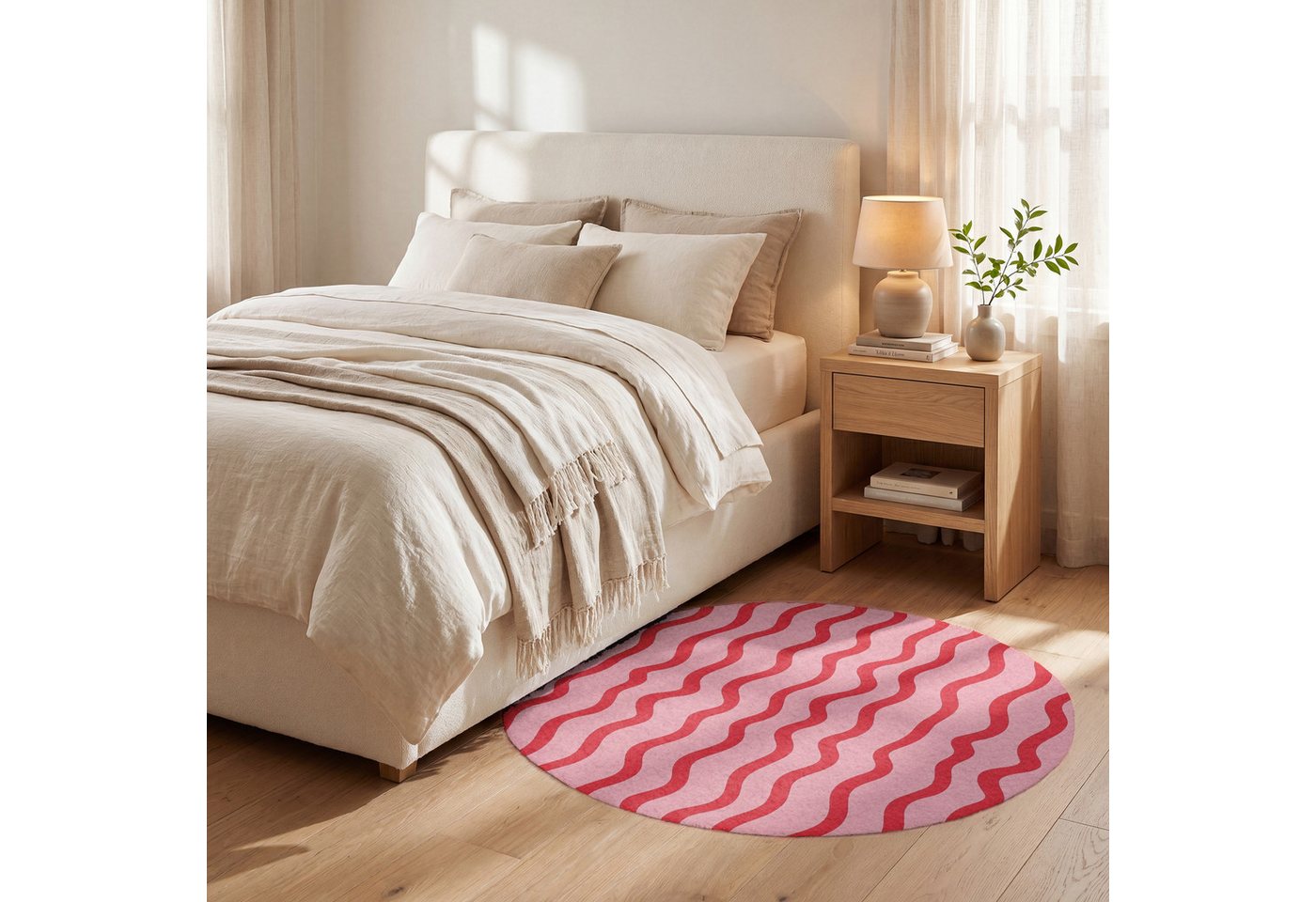 OnlyWow Teppich Rund Verspielt - Muster - Rot, Rechteckig, Wohnzimmer, Schlafzimmer, Kurzflor 90x90 cm