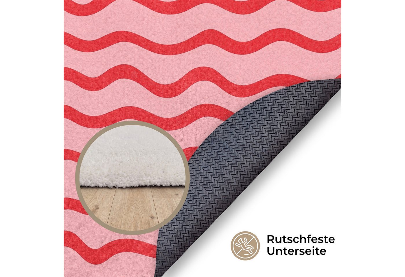 OnlyWow Teppich Rund Verspielt - Muster - Rot, Rechteckig, Wohnzimmer, Schlafzimmer, Kurzflor 90x90 cm Bild 2