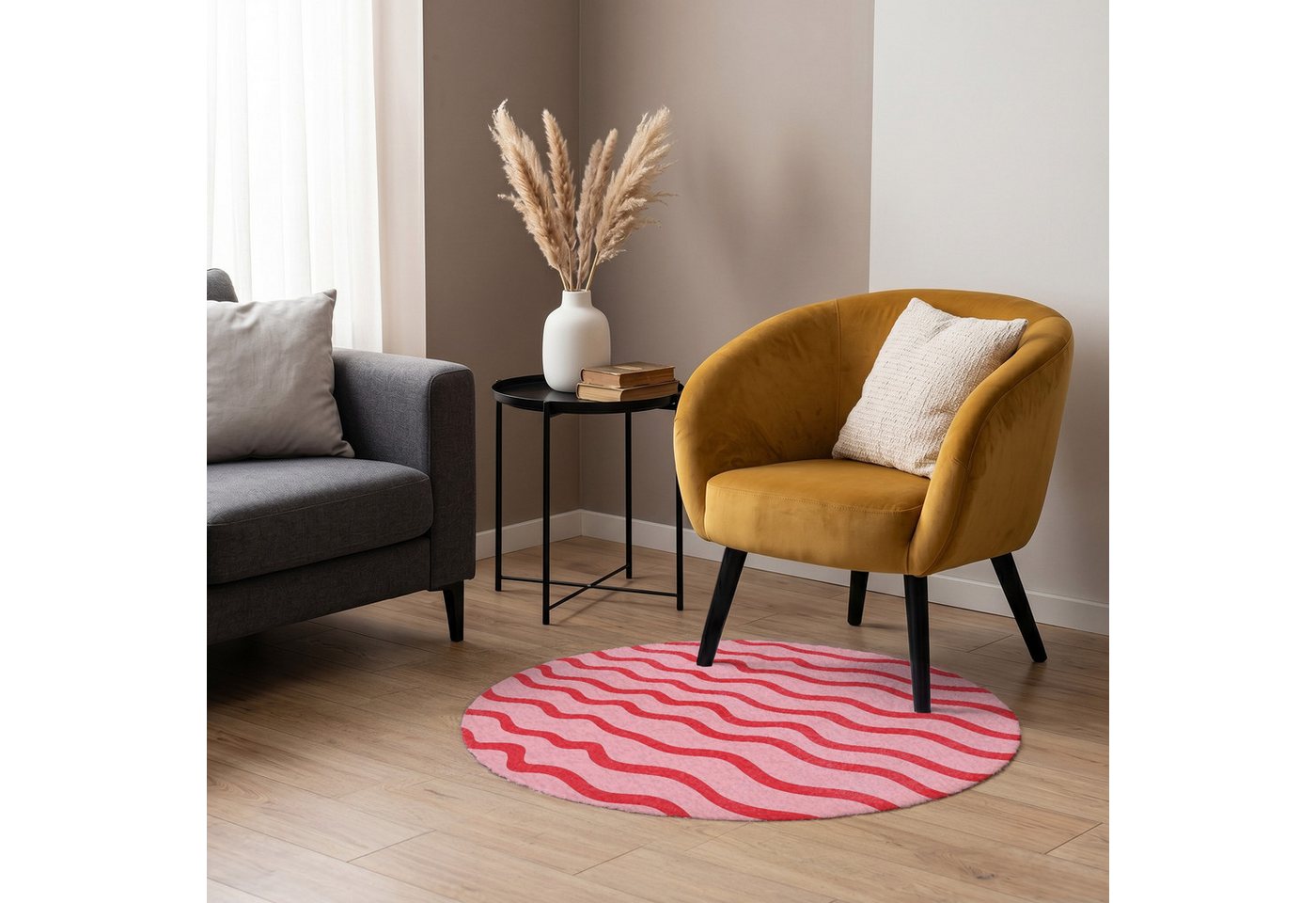OnlyWow Teppich Rund Verspielt - Muster - Rot, Rechteckig, Wohnzimmer, Schlafzimmer, Kurzflor 90x90 cm Bild 4
