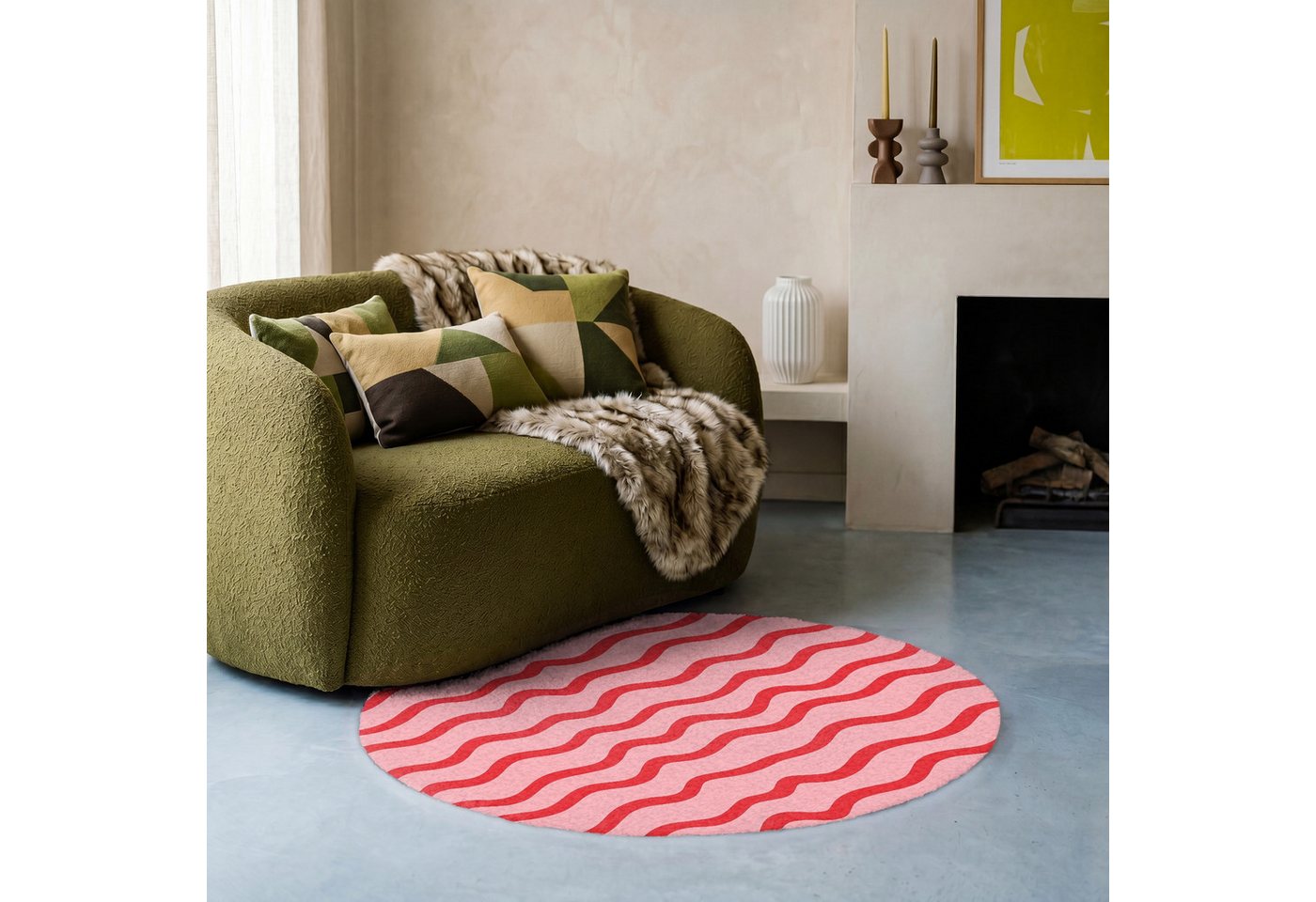 OnlyWow Teppich Rund Verspielt - Muster - Rot, Rechteckig, Wohnzimmer, Schlafzimmer, Kurzflor 90x90 cm Bild 5