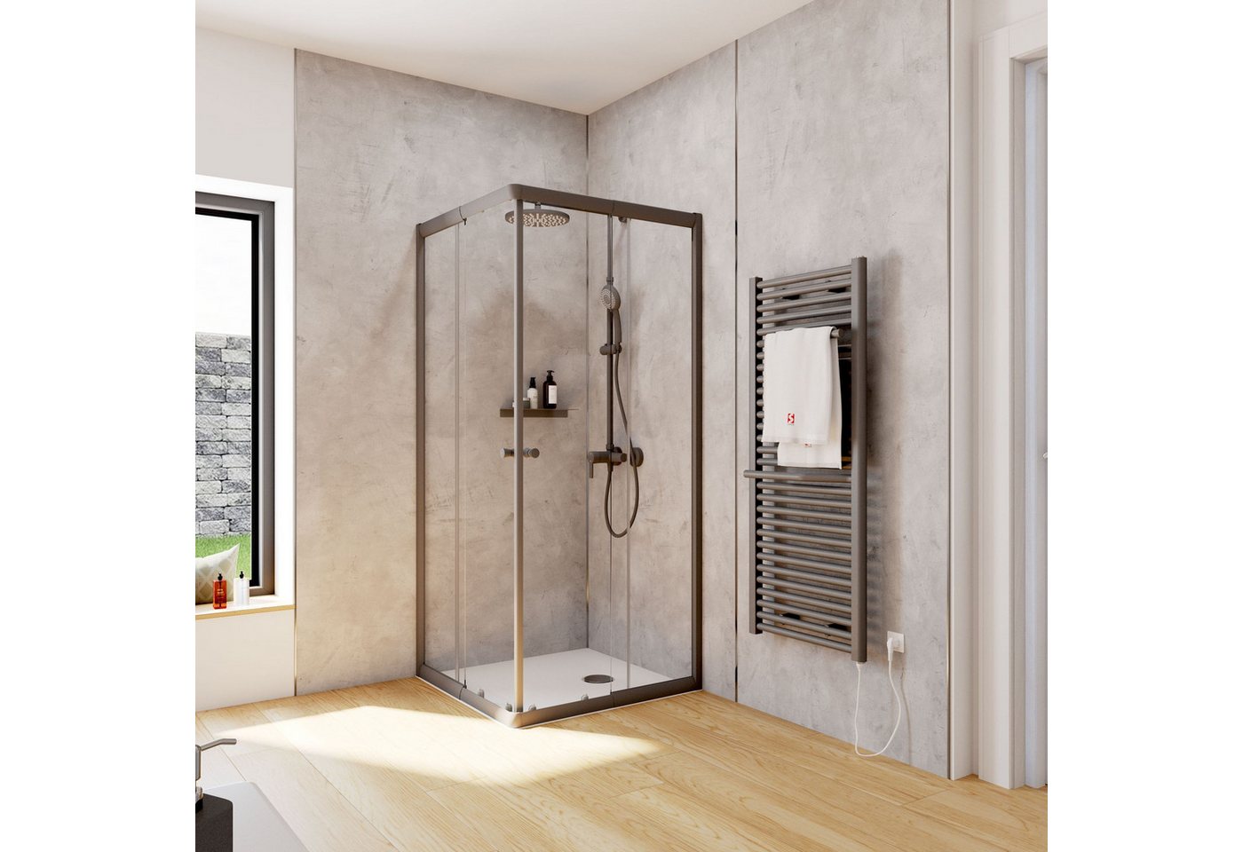Schulte Eckdusche Corner, BxT: 80x80 cm, Sicherheitsglas, Eckeinstieg mit Schiebetüren, 180 cm hoch Klar Hell Profil Schwarz Bild 5