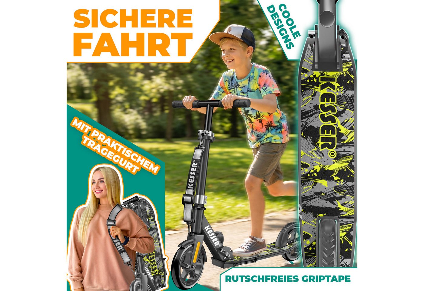 KESSER Scooter mit Hinterradbremse & rutschfeste Trittfläche, bis 100kg & 185cm Körpergröße, klappbar höhenverstellbar