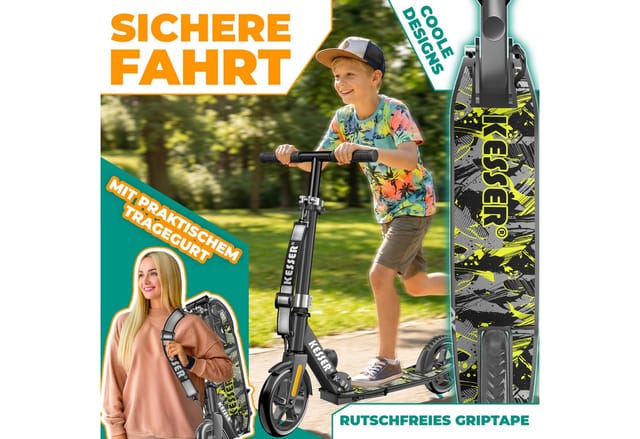KESSER Scooter mit Hinterradbremse & rutschfeste Trittfläche, bis 100kg & 185cm Körpergröße, klappbar höhenverstellbar