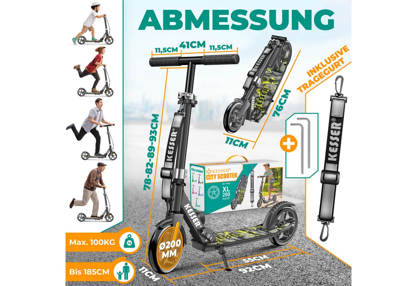 KESSER Scooter mit Hinterradbremse & rutschfeste Trittfläche, bis 100kg & 185cm Körpergröße, klappbar höhenverstellbar Bild 2