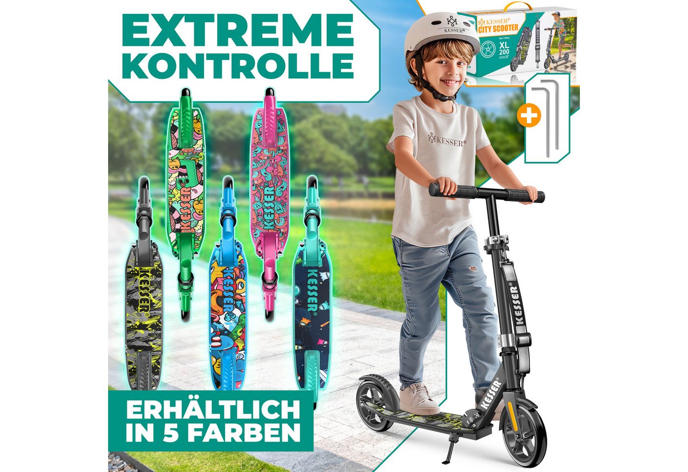 KESSER Scooter mit Hinterradbremse & rutschfeste Trittfläche, bis 100kg & 185cm Körpergröße, klappbar höhenverstellbar Bild 3