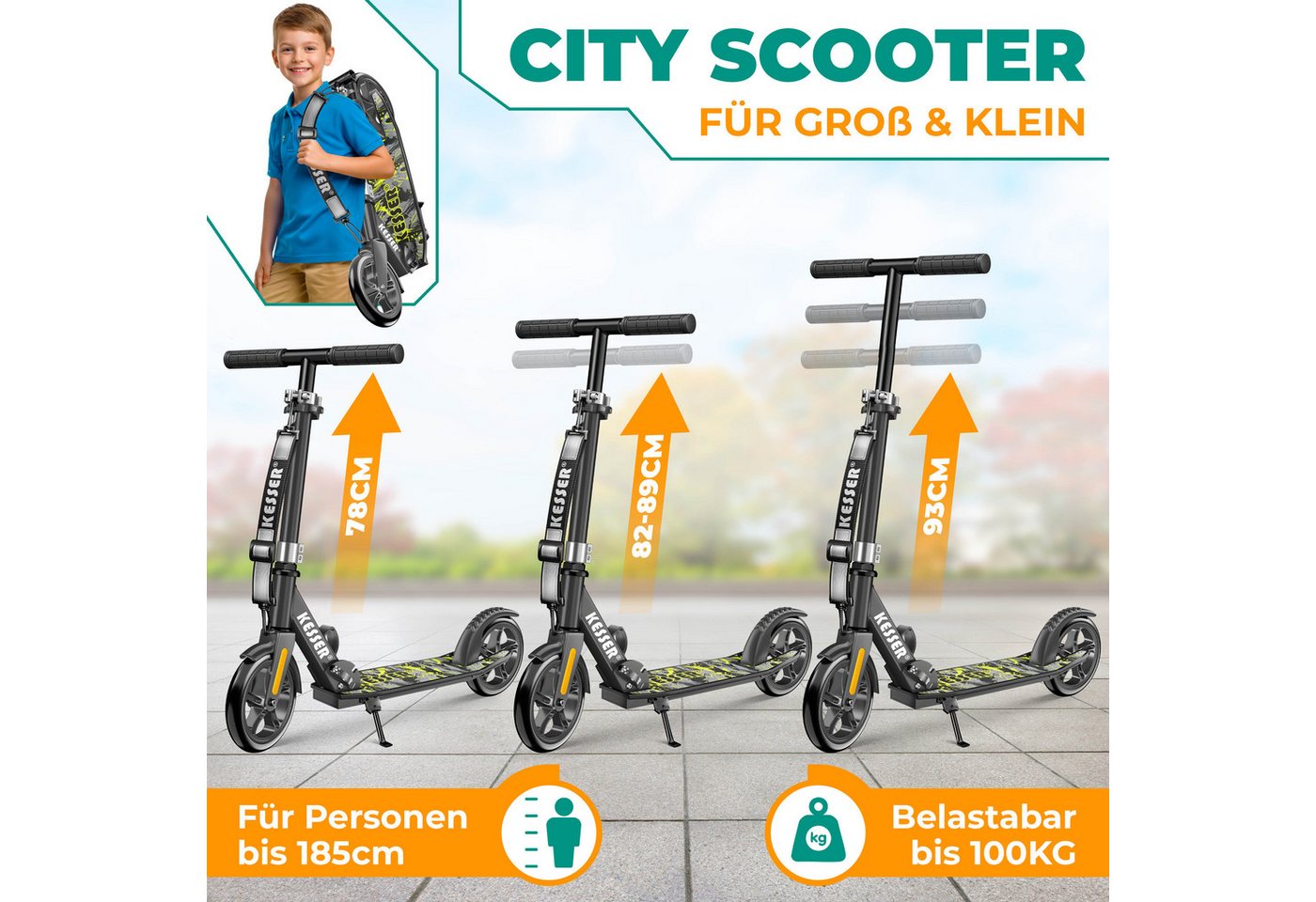 KESSER Scooter mit Hinterradbremse & rutschfeste Trittfläche, bis 100kg & 185cm Körpergröße, klappbar höhenverstellbar Bild 5