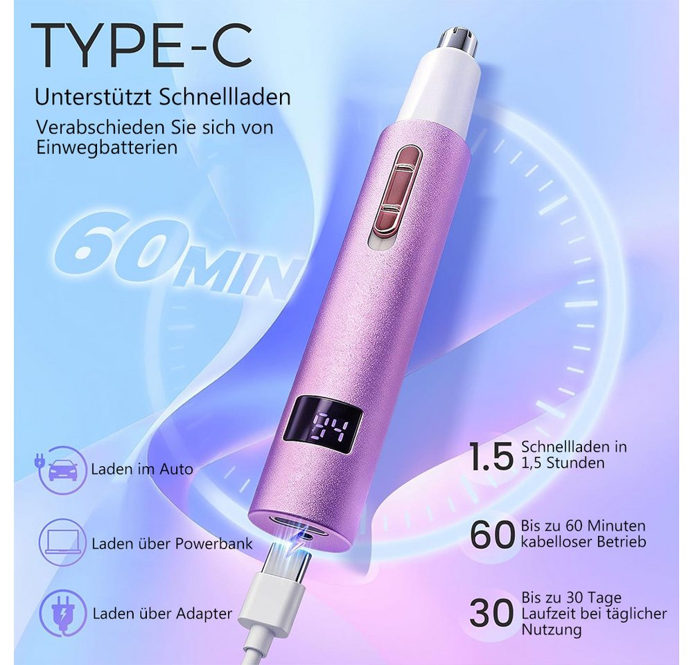 TUWENA Nasenhaartrimmer Nasenhaartrimmer, LED Display Eyebrow & Nose Hair Trimmer Clipper, Rechargeable 2 in 1 Painless Ear & Facial Hair Trimmer with Dual-Edge