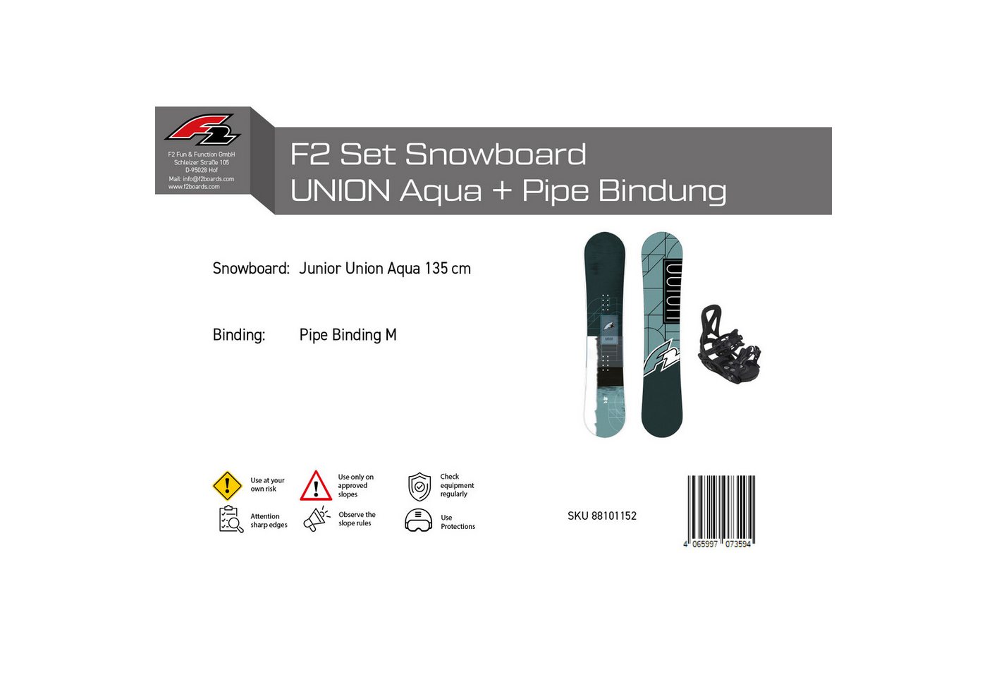 F2 Snowboard F2 Set Snowboard Junior Union Aqua 135cm + Pipe Bindung M Bild 3
